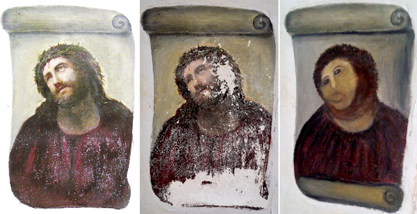 A combination of three documents provided by the Centre de Estudios Borjanos on August 22, 2012 shows the original version of the painting Ecce Homo (L) by 19th-century painter Elias Garcia Martinez, the deteriorated version (C) and the restored version by an elderly woman in Spain. An elderly woman's catastrophic attempt to "restore" a century-old oil painting of Christ in a Spanish church has provoked popular uproar, and amusement. Titled "Ecce Homo" (Behold the Man), the original was no masterpiece, painted in two hours in 1910 by a certain Elias Garcia Martinez directly on a column in the church at Borja, northeastern Spain. The well-intentioned but ham-fisted amateur artist, in her 80s, took it upon herself to fill in the patches and paint over the original work, which depicted Christ crowned with thorns, his sorrowful gaze lifted to heaven.  = RESTRICTED TO EDITORIAL USE - MANDATORY CREDIT " AFP PHOTO/ CENTRO DE ESTUDIOS BORJANOS" - NO MARKETING NO ADVERTISING CAMPAIGNS - DISTRIBUTED AS A SERVICE TO CLIENTS =-/AFP/GettyImages           NYTCREDIT: -/Agence France-Presse -- Getty Images